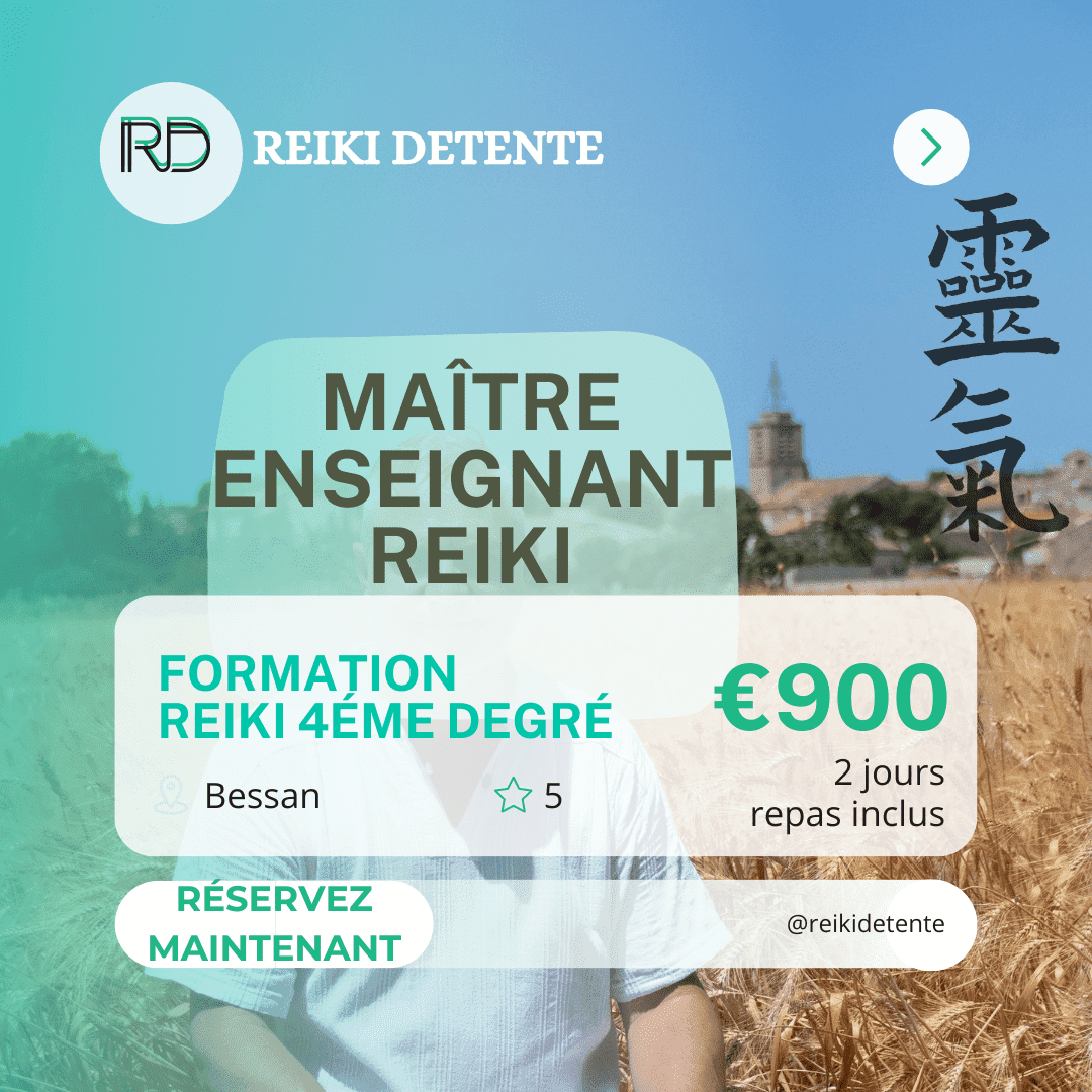 Reiki-Détente-Formation-4ème-Degré-Maître-Enseignant-900€ : atteignez le sommet de votre parcours de Reiki. Ce nom reflète notre engagement à offrir une formation complète au quatrième degré du Reiki pour ceux qui souhaitent devenir des maîtres enseignants. Avec notre programme à 900€, vous pouvez explorer les enseignements les plus élevés du Reiki et apprendre à transmettre cette sagesse ancestrale à d'autres. Plongez dans une expérience d'apprentissage profonde et laissez-vous guider vers une maîtrise totale de l'énergie universelle. Explorez une voie vers l'illumination et le partage avec Reiki-Détente-Formation-4ème-Degré-Maître-Enseignant-900€.
